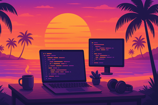 a vibe coding paradise - laptop, screen, coffee and headphones on a desk in a vapourware style overlooking a tropical beach
